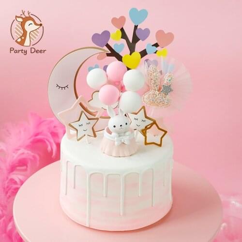 Ballons Rabbit Decorations Moon Stars Love Tree Cake Toppers Happy Birthday Party for Kid Baby Shower Baking Love Gifts