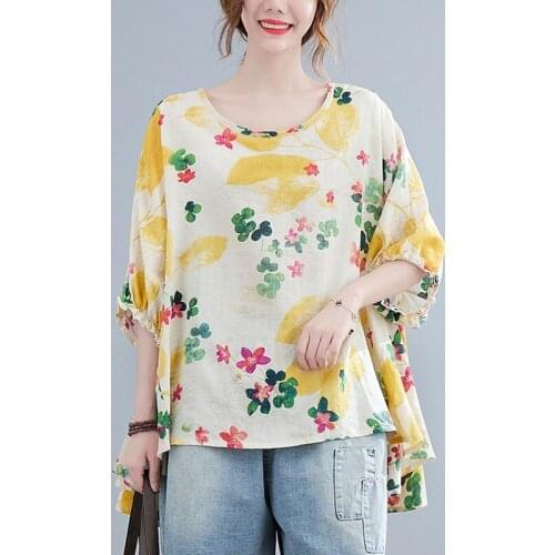 Women Summer Cotton Linen Casual T-shirts New 2021 Vintage Style O-neck Floral Print Loose Female Half Sleeve Tops Tees B417