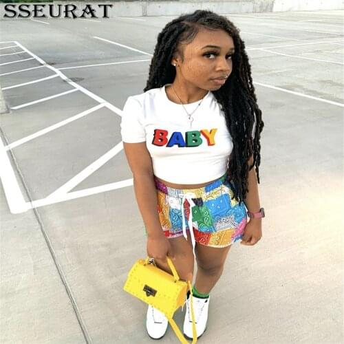 SSEURAT Women Set Letter Print Short Sleeved T-shirt and Shorts Two Piece Set Summer Tracksuit Matching Set Outfit