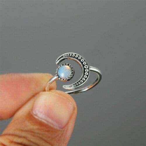 Female Small Moonstone Open Adjustable Ring Silver Color Bridal Engagement Ring Vintage Zircon Stone Wedding Rings For Women