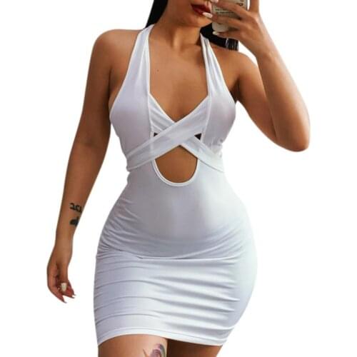 Women’s Sexy Halter Skinny Dress Fashion Solid Color V-neck Hollow Bandage Short Dress