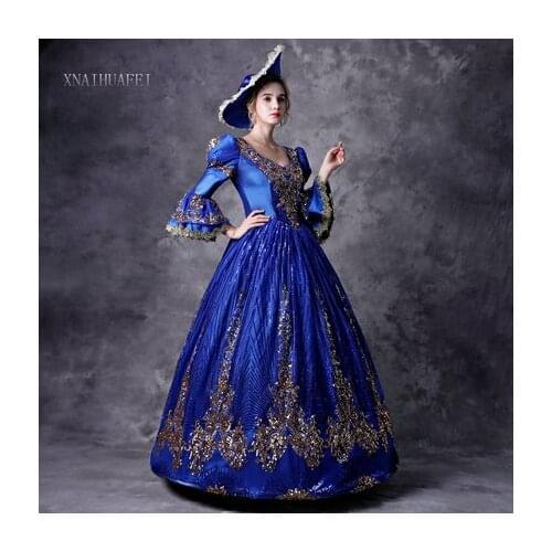 100%real royal blue court cosplay sequined ball gown medieval dress Renaissance gown queen Victorian Belle Ball gown