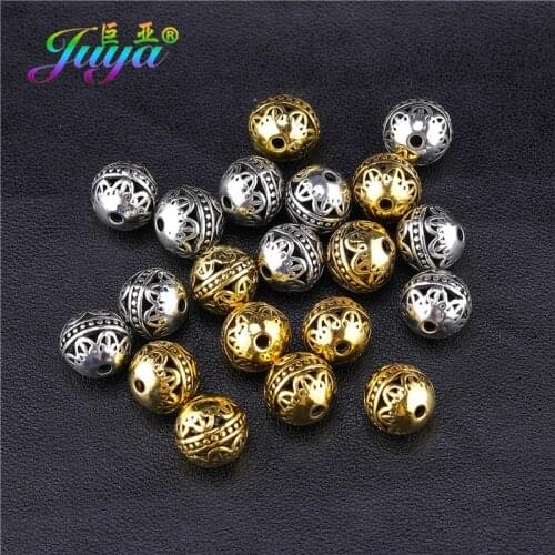 Juya 20pcs DIY 10mm Metal Beads Supplies Antique Gold Silver Color Hollow Spacer Ball Beads For Handmade Beads Jewelry Making