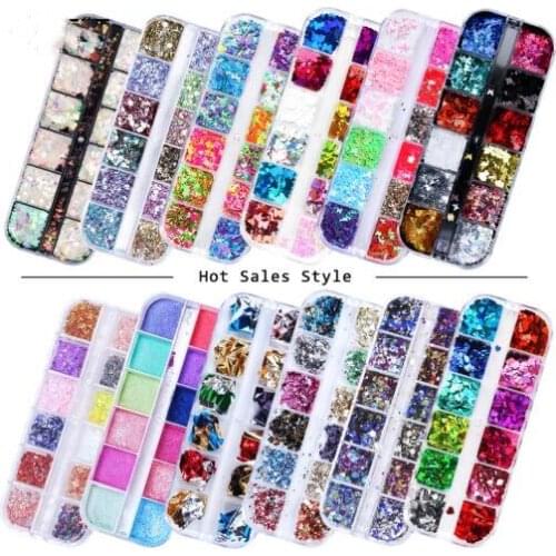 2020NEW! 12Grid /Set Multi Shape Laser Nail Art Sequins Fall Maple Leaf Heart Butterfly Gold Silver Powder Nail Art DIY Flake