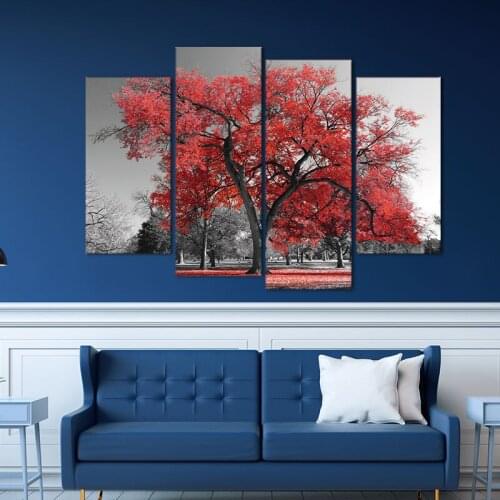 4 Pcs Abstract Red Tree Landscape Painting Modular Wall Pictures For Living Room Decorative Wall Decor Poster No Frame Canvas