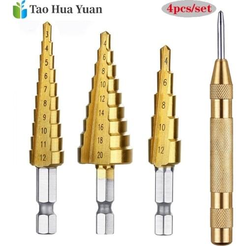 4pcs HSS Titanium Step Drill Bit 3-20mm Step Cone Cutt Tools Metal Drill Bit Woodworking Wood Conbination Tool Set With Punch AA