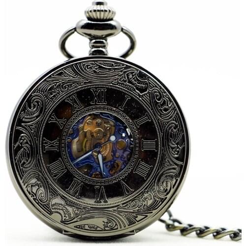 Black Steampunk Skeleton Mechanical Pocket Watch Men Antique Luxury Brand Necklace Pocket & Fob Watches Chain Male Clock