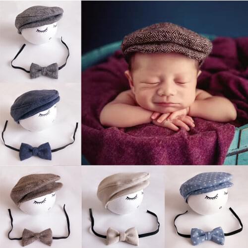 Baby Newborn Peaked Beanie Cap Hat Bow Tie Photo Photography Prop Infant Boy Caps New Born Photography Accessories