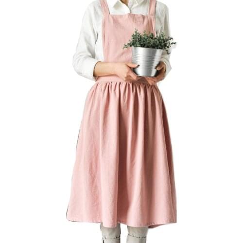 Nordic Style Cotton and Linen Women Aprons Solild Color Pinafore with Pockets Household Flower Coffee Shop Bib Garden Apron