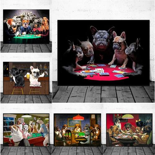 Modern Funny Animal Art Posters And Prints French Bulldogs Playing Cards Canvas Painting Wall Pciture For Living Room Home Decor