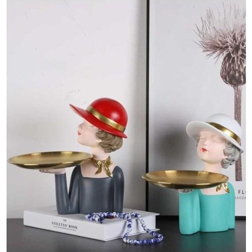 Modern Luxury Cute Hat Girl Key Storage Tray Resin Accessories Home Livingroom Desktop Decoration Coffee Table Figurines Crafts