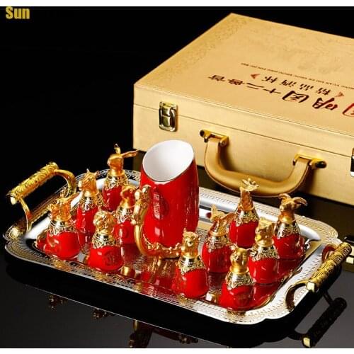 12PCS/set Chinese Style Twelve Beast Head Ceramic Wine Glass Dispenser Set Exquisite Household Vodka Whiskey Spirit Wine Glass