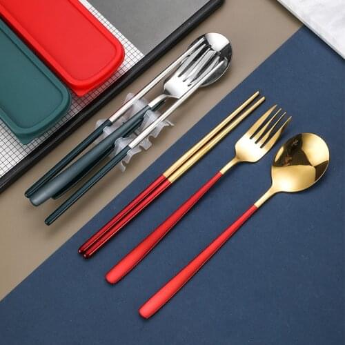 BalleenShiny 304 Food Grade Stainless Steel Portable Tableware Korean Spoon Fork Chopsticks Three-piece Corporate Event Gift Set
