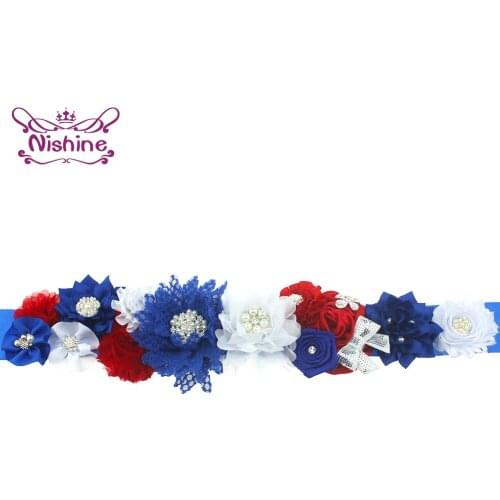 Nishine Circular Pearl Rhinestone Mesh Flower Women Sash Elegant Adjustable Royal Blue Waistband Maternity Belt Party Decoration