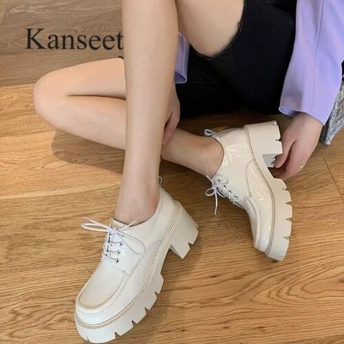 Kanseet 2021 New Womans Pumps Spring Autumn Lace-Up Genuine Leather Fashion Handmade Footwear Round Toe 6cm High Heels Shoes