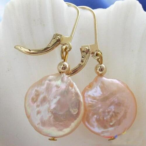 New Arrival Favorite Pearl Jewelry 15mm Pink Coin Freshwater Pearl 14k/20 Gold Hook Dangle Earrings Charming Lady Gift