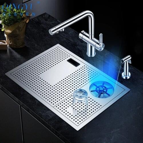 QINGYU ELEVEN 304 Stainless Steel Sink 4mm Thickness High Pressure Cup Washer Bar Counter Handmade Brushed kitchen Sink