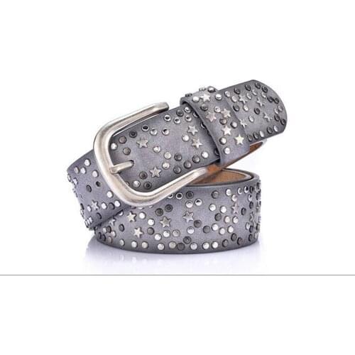 New womens Rivet belts Punk rock style belt For PU + Genuine leather Sequins Metal buckle Wide Metal rivet bead