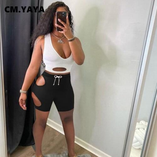 CM.YAYA Patchwork Womens Set Cut Out Tank Tops and Hole Shorts Matching Two 2 Piece Set Outfits Fashion Tracksuit Sweatsuit