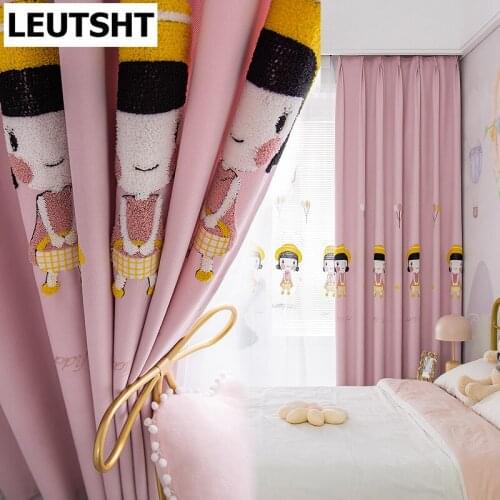 High-end Pink Curtains for Princess Girl Kids Living Room Children Bedroom Cartoon Chefney Embroidery Kindergarten Curtain