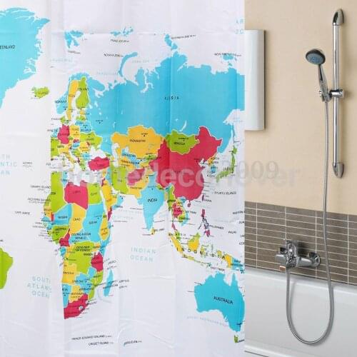 World Map Pattern Shower Curtain Bathroom Waterproof Fabric 72 Inch Set