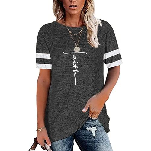Womens T-Shirt Top Amazon Cross Print Hit Color Stitching Round Neck Short-Sleeved T-Shirt