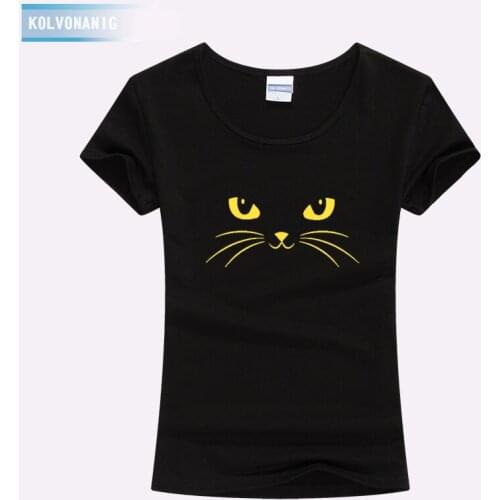 2019 Summer T-Shirt Black Cat Print Womens T Shirt O-Neck Short Sleeve Cotton Slim Kawaii Tshirts For Girls Top Tees Parka