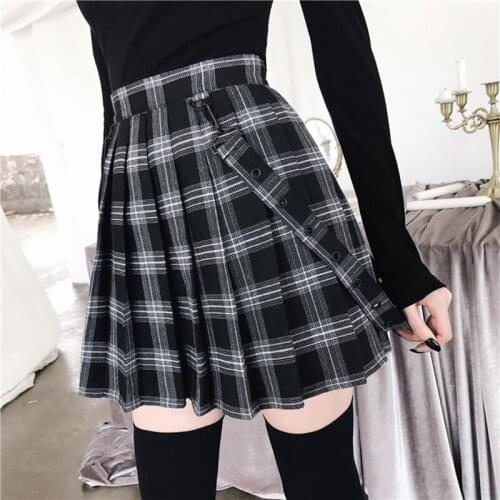 2021 New Fashion Gothic Vintage Plaid Mini Skirt Women Suspender Strap Pleated A-line Skirts High Waist Casual Plus Size College