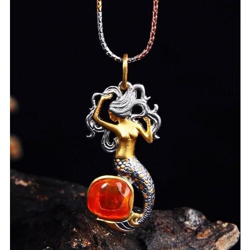Retro Thai Silver Opal Australian Gemstone Pendant And Brooch Dual-use Fashion Mermaid S925 Sterling Silver Women