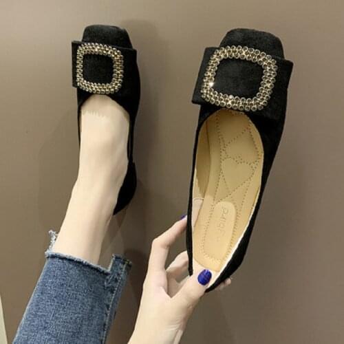 Single shoes women flat bottom 2020 autumn square toe retro flat shallow mouth womens shoes metal rhinestone grandma shoes