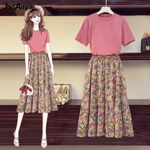 Women Summer Plus Size Clothing Set 2021 Girls Bohemian Beach Print Flower Dress Ladies Short Sleeve O-Neck T-Shirt Skirts Suit