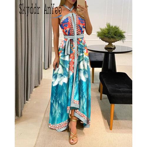 2021 Summer Women Long Dress Sleeveless Backless Robe Femme Halter Sexy Dresses Printed Vintage Dress