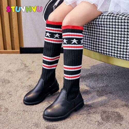 Winter Kids Knee High Boots for Girls Shoes Knitted Stretch Socks Children Long Boots Princess Shoes Casual Leather Girls Boot