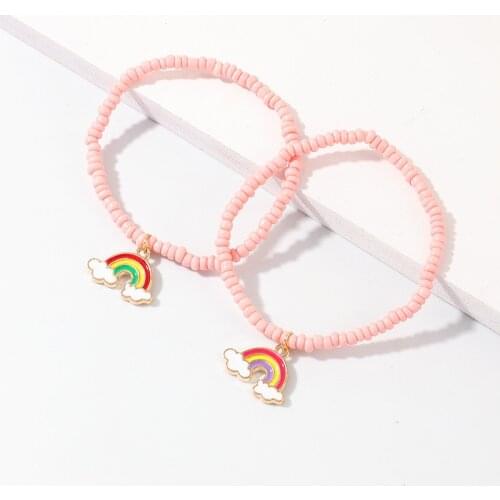 2pcs/set Wholesale Colorful Rainbow Girlfriend Bracelet Pink Color Handmade Rice Bead Bracelet Summer Beach Party Jewelry