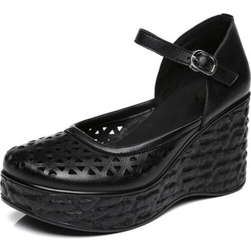 2021 Fashion Hollow Genuine Leather Sandals Platform Shoes Wedges High Heels Light Comfort Heighten Sandals Women Sandal Shoes