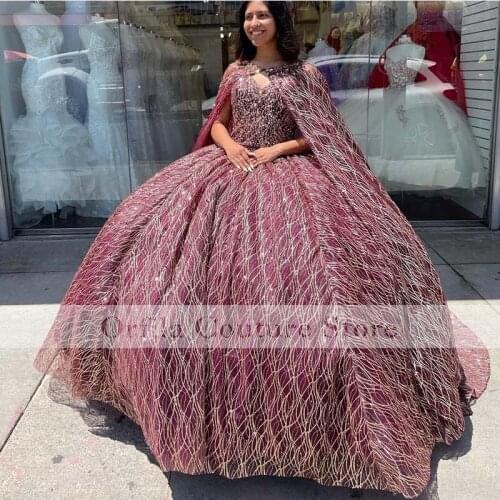 ORFILA Burgundy Sparkly Ball Gown Quinceanera Dresses With Warp 2022 Sequines Lace Sweet 16 Dress Party Wear
