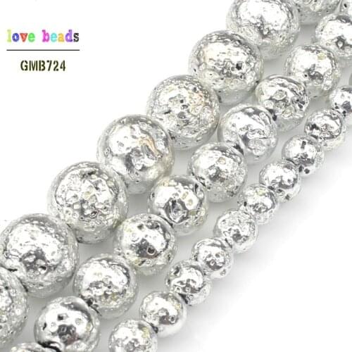 Natural Stone Silver Color Lava Round Loose Beads 4mm 6mm 8mm 10mm DIY Necklace Bracelet Jewelry Making Accessories