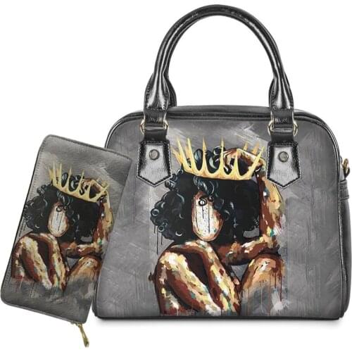 Black Art Girl Shoulder Bags And Purse Set for Women Luxury Ladies Large Leather Handbag Female Casual Clutch Wallet Totes 2021