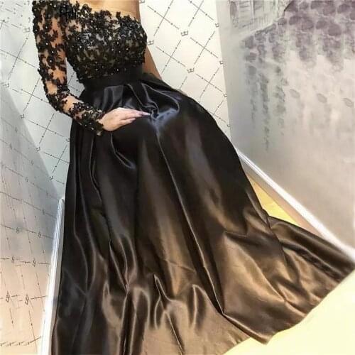 Black Evening Dresses One Shoulder Satin A Line Long Sleeve Lace Beaded Plus Size Vintage Arabic 2021 Formal Party Prom Gown New
