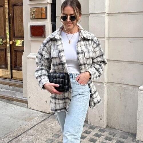 Evfer Women New Spring Autumn Plaid Hm Woolen Long Jackets Outwear Chic Lady Stylish Double Pockets Single Breasted Loose Coats