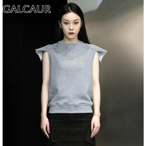 GALCAUR Street Style Loose Solid T Shirt For Women O Neck Sleeveless Minimalist Patchwork Ruched Knitted T Shirts Female Clothes