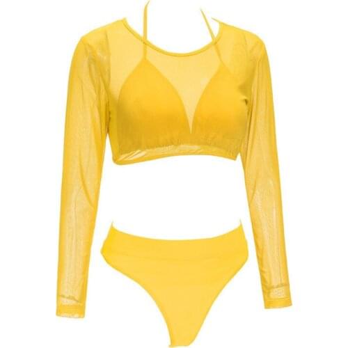 Bikini Women Solid Yellow 3 Pcs Swimsuit Long Sleeve Push Up Biquini Female Beach Bathing Suit High Waist Bikini Plus Size XXXL