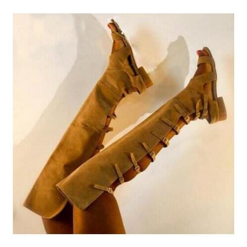 Summer Camel Suede Over the Knee Boots Sexy Open Toe Back Buckle Strap Gladiator Sandal Boots Cutouts Flat Boots For Woman