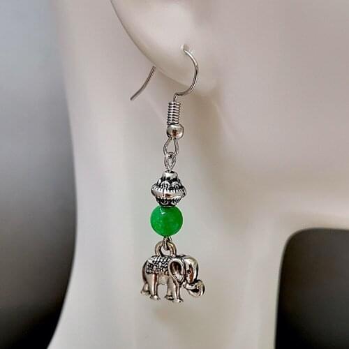 Cute National Long Pendant Earrings Silver Color Natural Stone Chalcedony Charm African Animal Shaped Lucky Elephant Earrings