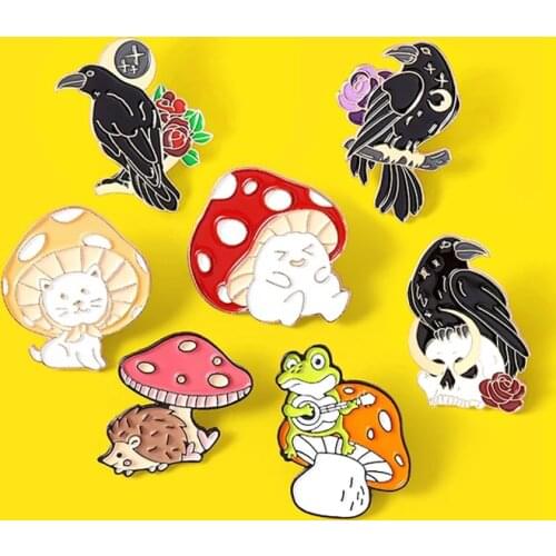 Cute Mushroom Crow Enamel Pins Frog hedgehog rabbit Mushroom Solitary flower skull crow Badge Brooch Jewelry Gift for Friends