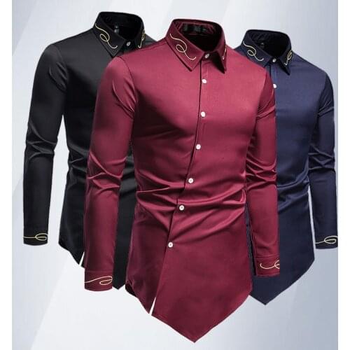 New European code mens trend stitching asymmetrical long-sleeved shirt western denim shirt fashion business shirt casual shirt