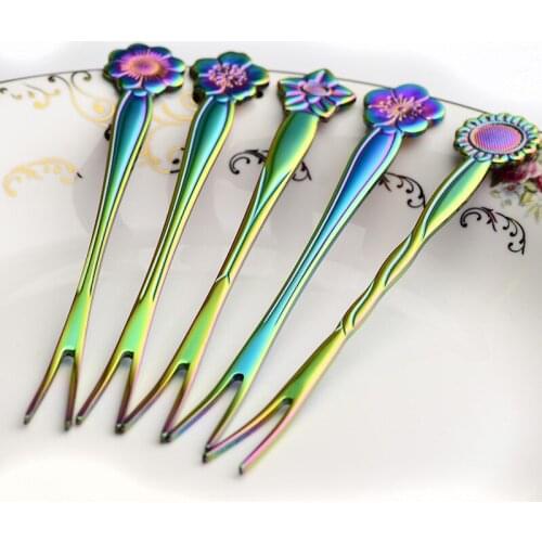 Stainless Steel Forks Fruit Forks Set Picks Sticks Rainbow Christmas Kitchen Utensils Dinnerware Coffee Shop Cake Flower Prongs