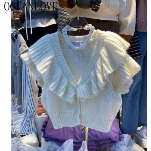 OCEANLOVE Ruffles Women Sweaters Solid Short V Neck Korean Fashion Autumn Winter Cardigans 2021 Elegant Slim Sueter De Mujer