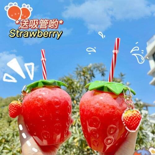 Portable 500ml Strawberries Straw Cup Plastic Cup Lovely Girl Milk Tea Cup StudentWater Cup Summer Water Bottle For Students