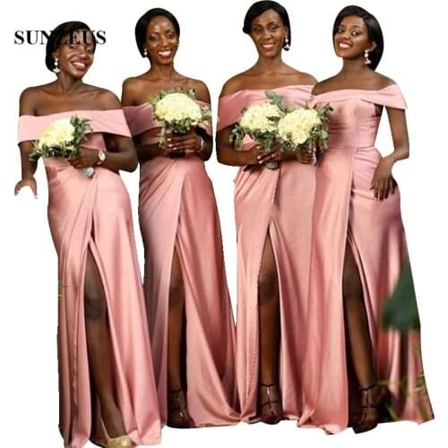 Simple Elegant Long Satin Bridesmaid Dress A-line Off Shoulder Pink Wedding Guest Gowns With Side Slit robe demoiselle d'honneur